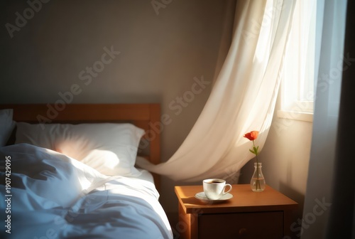 Serene morning bedroom with coffee and flower on bedside table