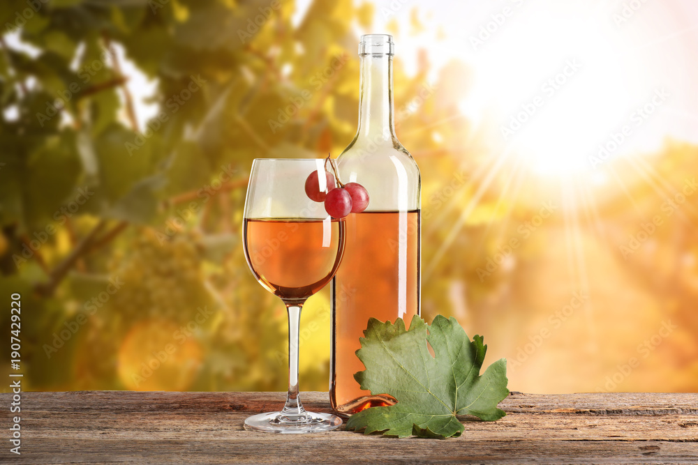 Naklejka premium Wine in glass and bottle on table in sunny vineyard