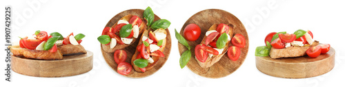 Tableau sur toile Tasty bruschettas with mozzarella cheese and tomatoes isolated on white, set