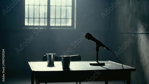 Dramatic prison interrogation room with microphone and metal cups on table