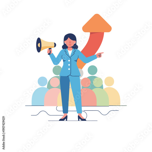 A confident businesswoman with a megaphone points towards an upward arrow, leading a diverse group of people towards growth and success.