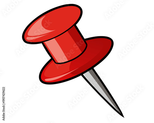 A red push pin with a sharp metal point and a rounded head is illustrated in a simple graphic style
