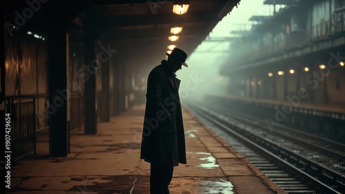 Mysterious man in trench coat standing alone on dimly lit train platform