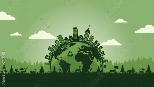 Wallpaper Mural Green Planet Cityscape Silhouette with Wildlife and Clouds Torontodigital.ca