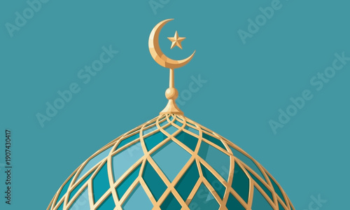 A close-up illustration of a mosque dome featuring an intricate teal and gold geometric lattice pattern, topped with a golden crescent moon and star finial against a solid teal background.