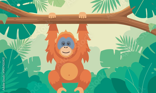 A friendly and colorful illustration of a bright orange orangutan hanging from a tree branch with both hands, surrounded by lush green tropical jungle leaves and foliage.