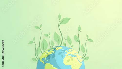 Wallpaper Mural Green sprouts growing around planet earth, concept of environmental care and global growth Torontodigital.ca