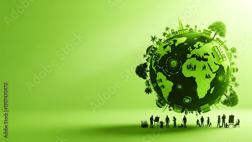 Wallpaper Mural Green Planet Earth with Silhouettes of People and Cityscape, Sustainable Future Concept Torontodigital.ca