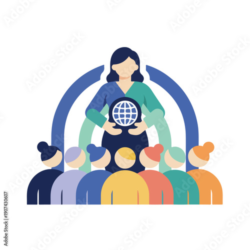 A female leader holds a globe, representing global connection or responsibility, while surrounded by a diverse group of people under an arched structure.