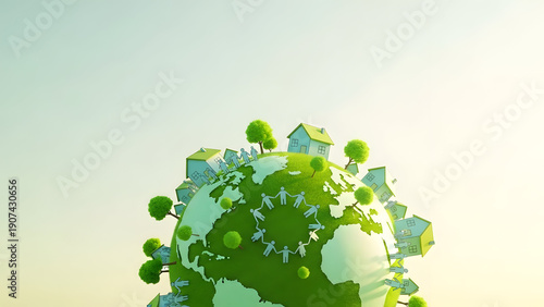Wallpaper Mural Eco-friendly planet with houses, trees, and people holding hands in a circle Torontodigital.ca