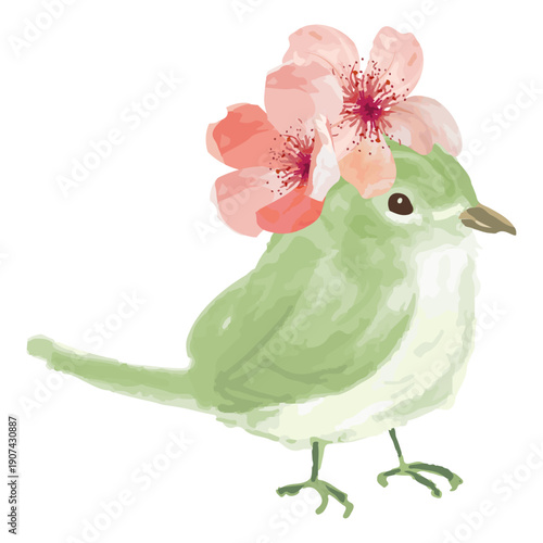 桜の花飾りをしたウグイス