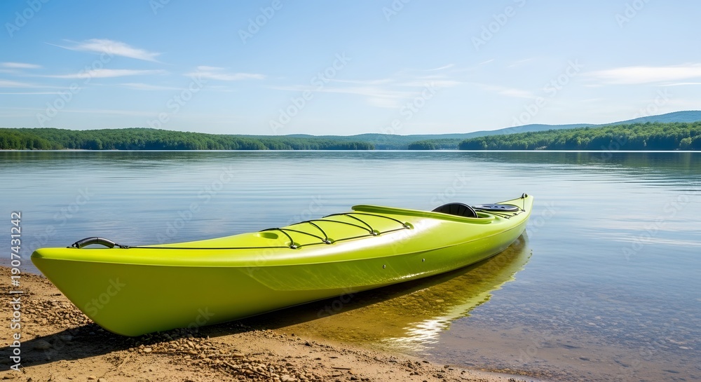 Fototapeta premium Vibrant green kayak on the sandy shore of a calm lake with forested hills under a blue sky.