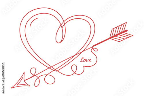 Red line art drawing of a heart pierced by an arrow with decorative loops and cursive love text Vector