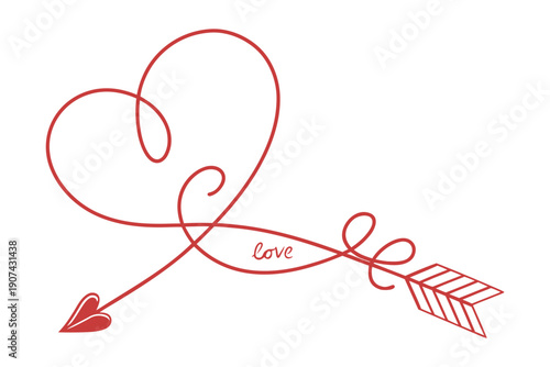 Minimalist red heart and arrow line art with the word love on a white background Vector