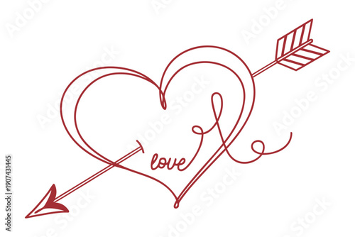Artistic red line drawing of a heart pierced by cupid's arrow with love text Vector