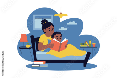 Woman Reading Bedtime Story to Child in Cozy Room