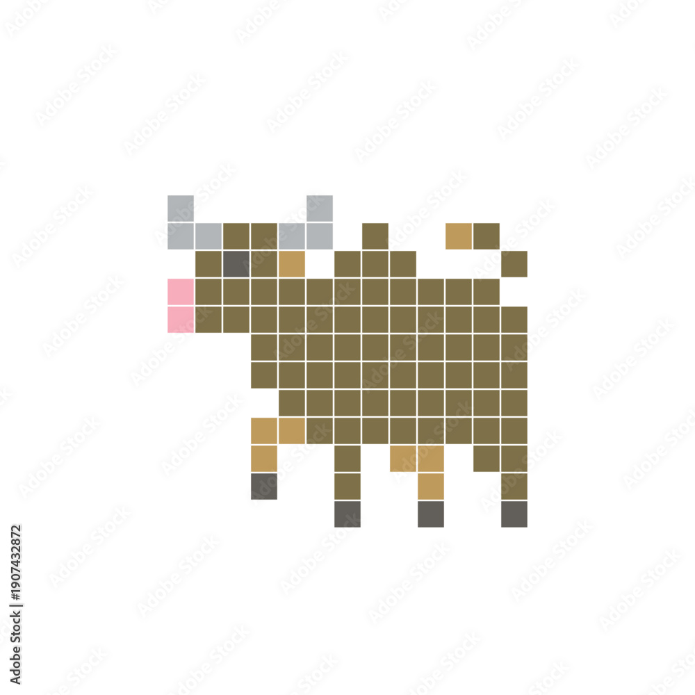 Obraz premium A flat pixel design made of geometric square color blocks on a clean icon layout. Pixel art cow