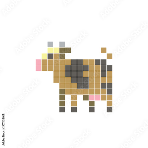 A flat pixel design made of geometric square color blocks on a clean icon layout. Pixel art cow