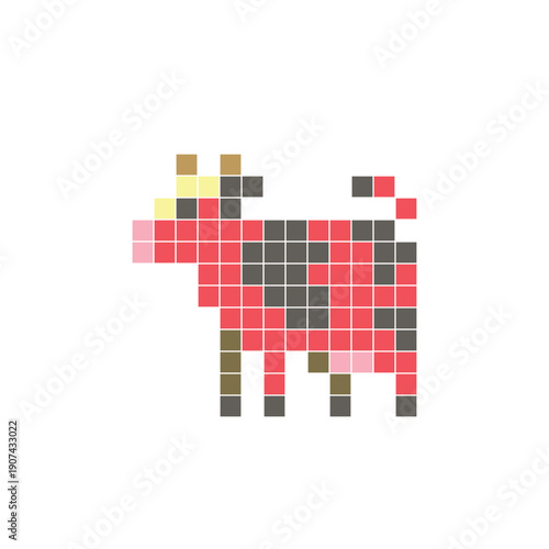 A flat pixel design made of geometric square color blocks on a clean icon layout. Pixel art cow