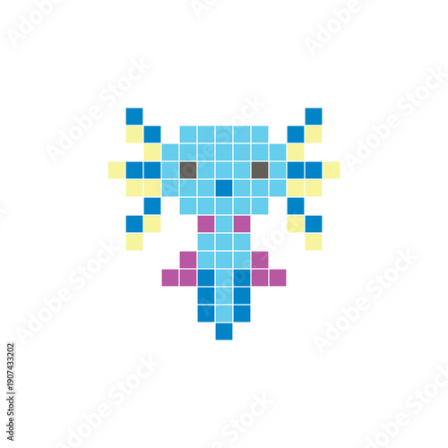 A flat pixel design made of geometric square color blocks on a clean icon layout. Pixel art axolotl