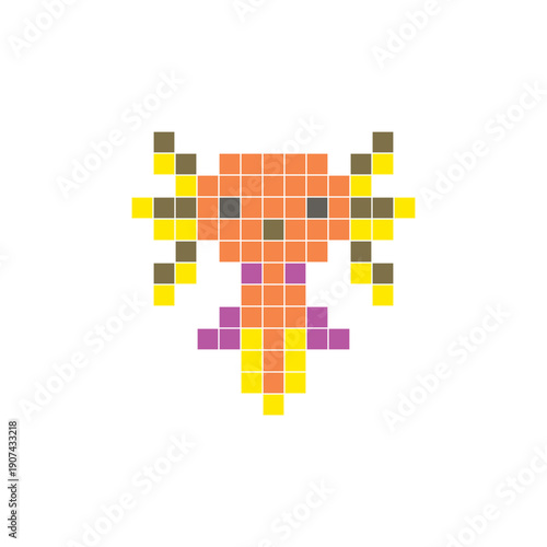 A flat pixel design made of geometric square color blocks on a clean icon layout. Pixel art axolotl