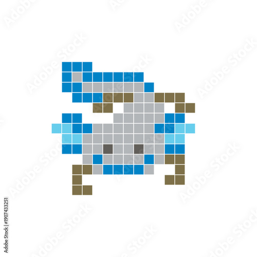 A flat pixel design made of geometric square color blocks on a clean icon layout. Pixel art axolotl