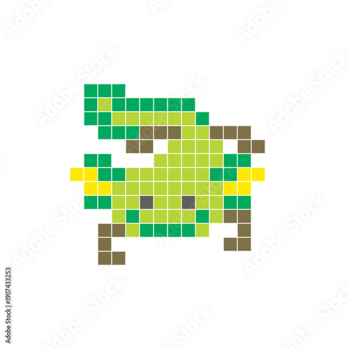 A flat pixel design made of geometric square color blocks on a clean icon layout. Pixel art axolotl