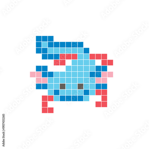 A flat pixel design made of geometric square color blocks on a clean icon layout. Pixel art axolotl
