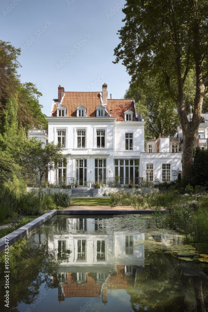 Fototapeta premium Beautiful old house stands beside a pond surrounded by green trees in the afternoon light in a calm neighborhood in France