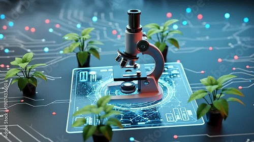 Microscope and the Plants of Scientific Wonder: A meticulously crafted scene brings together the worlds of science and nature, with a microscope positioned among flourishing plants.