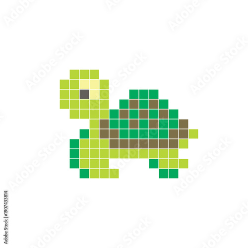 A flat pixel design made of geometric square color blocks on a clean icon layout. Pixel art turtle