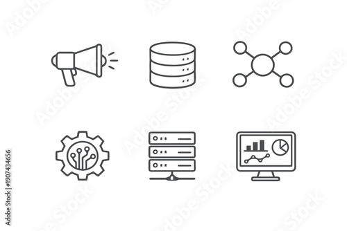 Digital business line icon set with six editable stroke vector symbols. Clean outline style for marketing, data management, social networks and modern business web interfaces.