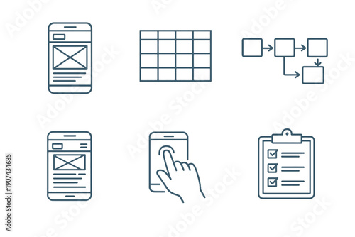 App design line icon set with six editable stroke vector symbols. Clean outline style for UI UX design, mobile apps, prototypes and digital product interfaces.