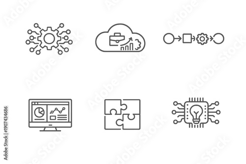 Set of six business technology and innovation icons in line style. Editable stroke vector collection designed for UI, enterprise software, automation tools and digital platforms.