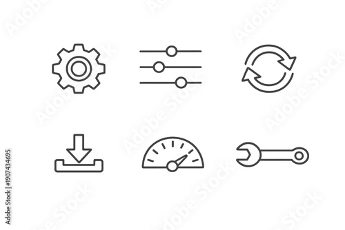 Setup and settings line icon set with six editable stroke vector symbols. Clean outline style for configuration panels, system options and software settings interfaces.