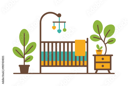 Cute Baby Crib with Colorful Blanket and Plant Illustration