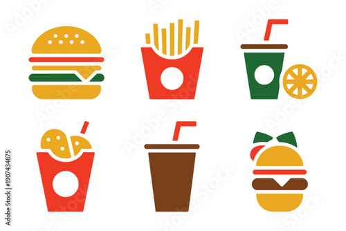 Colorful Fast Food Icons Burger Fries Drink Cup