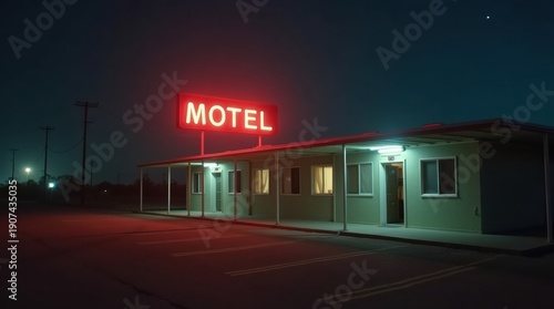 Vintage neon motel sign illuminating retro style accommodation at night