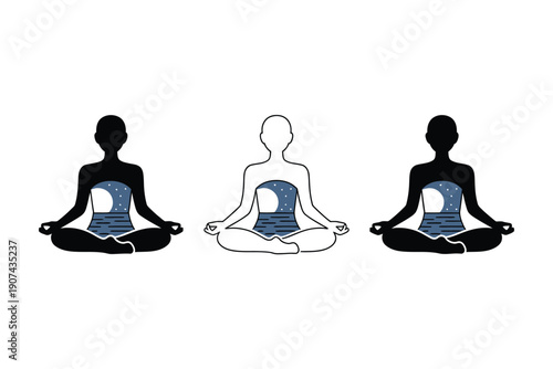 Silhouette Meditation Pose with Night Sky Illustration