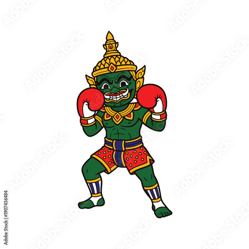 Thai Giant ramayana Boxer muay thai travel in thailand cute cartoon hand drawn vector Illustration on white background