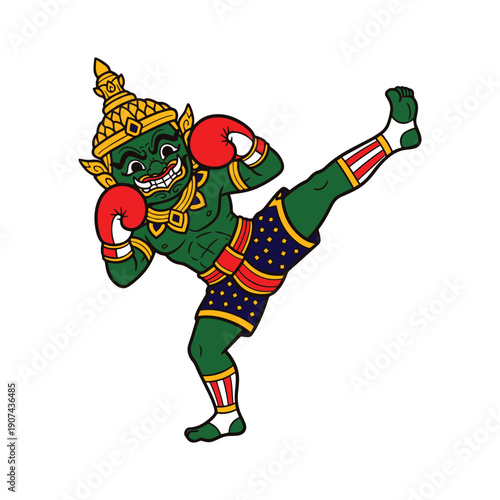 Thai Giant ramayana Boxer muay thai travel in thailand cute cartoon hand drawn vector Illustration on white background