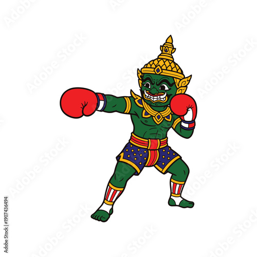 Thai Giant ramayana Boxer muay thai travel in thailand cute cartoon hand drawn vector Illustration on white background
