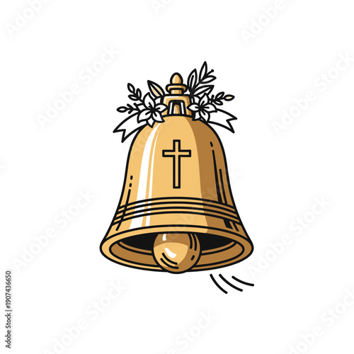 A golden church bell with a cross and floral illustration ringing loudly outdoors now with a vector style