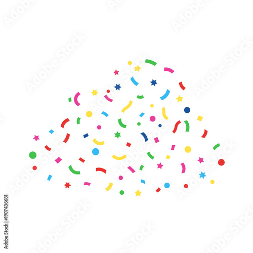 A colorful illustration of confetti and vetcor shapes scattered in a festive party scene with various decorations and objects.