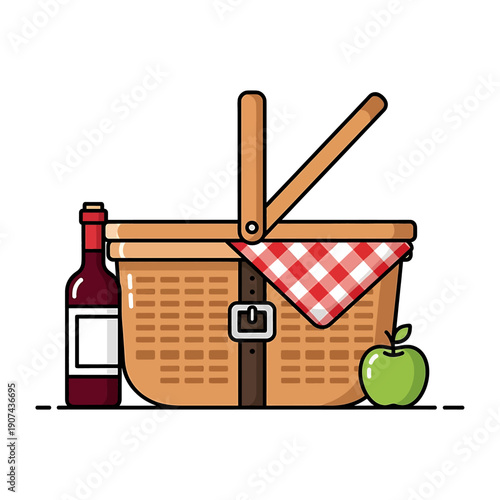 A colorful illustration of a vetcor picnic basket with wine and an apple outdoors