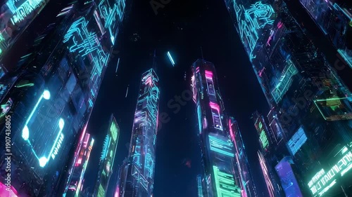 A low-angle view of futuristic, neon-lit skyscrapers, showcasing a vibrant cyberpunk cityscape at night