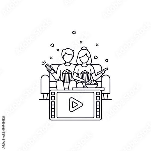 A cozy illustration of a couple enjoying a relaxing evening watching a movie on a large screen while snacking on popcorn and snacks on a comfortable sofa with a vetcor graphic.