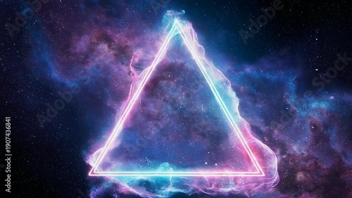 A neon triangle floats in a nebula of cosmic dust, with vibrant blues, purples, and pinks