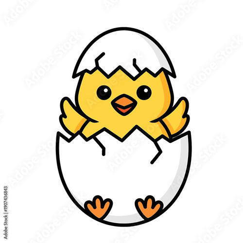 A cute yellow chick emerges from a broken white eggshell in a joyful vetcor illustration scene.