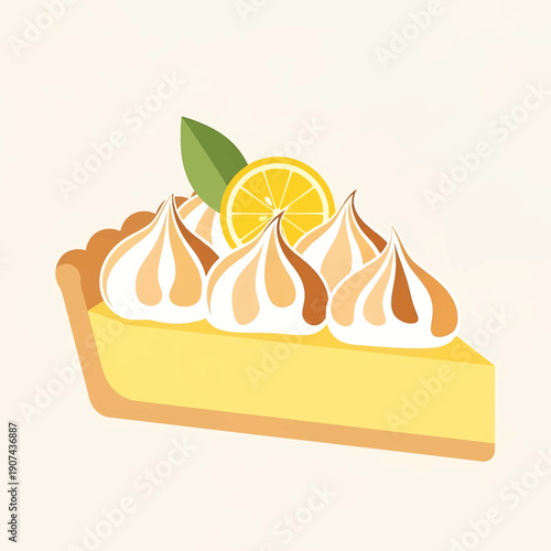 A colorful illustration of a vetcor styled lemon meringue pie slice with whipped cream topping and a leaf on a plate
